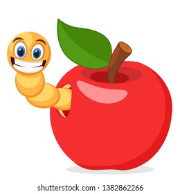 Red Apple with worm on a white background.