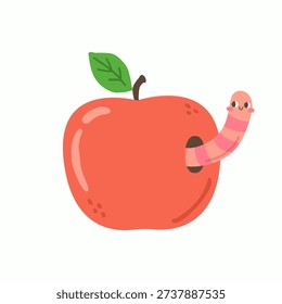 Red apple with a worm. Vector illustration 