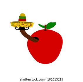 red apple with worm wearing sombrero and mustache