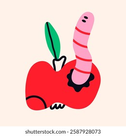 Red apple with worm. Wormy apples. Hand drawn Vector illustration. Isolated design element. Tasty fruit, healthy food concept. Modern, childish, cartoon, unique flat style