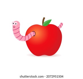 Red apple with worms. Worm is a cartoon character coming out of an apple. Concept of knowledge and learning. Isolated vector illustration in flat style.