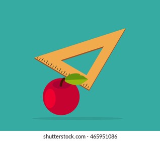 Red apple with yellow measuring tape. Back To School supplies apple, ruler. Vector illustration