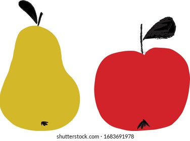 red apple and yellow pear with black leaf