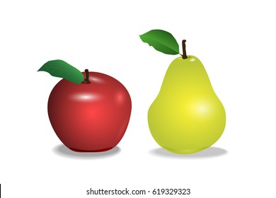 Red apple and yellow pear isolated on white