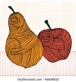 Red Apple And Yellow Pear On Pattern Background