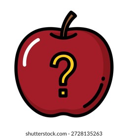 Red apple with yellow question mark on white background vector graphic illustration