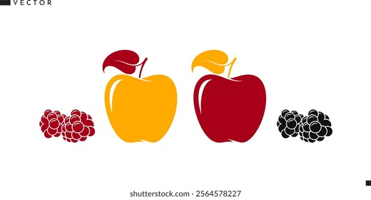 Red apple and yellow apple with raspberry and blackberry vector. Fresh fruit with berry silhouette