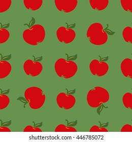 Red apples abstract seamless pattern on green background. Fashion graphic.  Modern spring and summer stylish texture. Template for prints, textile, wrapping,decoration, wallpaper. Vector illustration.