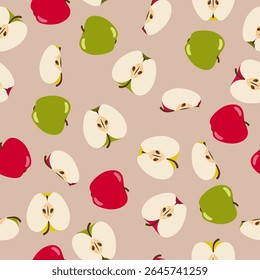 Red Apples and Apple Halves on Blue Background Tossed Around. Seamless Pattern Design