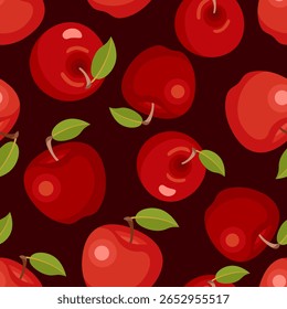 Fundo de maçãs vermelhas. Padrão sem emenda com frutas frescas maduras. Ilustração plana em desenho animado de vetor.