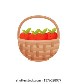 Red apples in a basket isolated on white background. Vector illustration.