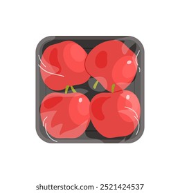 Red apples in black plastic tray, top view of styrofoam package with film wrap vector illustration