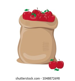 Red apples in a canvas bag. Vector illustration flat design.