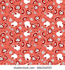 Red apples chaotic seamless pattern vector illustration. Simple hand-drawn fruits by red, black and white colors. Summer season endless texture with fresh apples, leaves and seeds