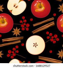 Red apples, cinnamon sticks, slices of apples, red berries on a black background, seamless pattern for your design. Background for fabric. Vector graphics