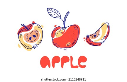 Red apples collection, doodle hand drawn flat icons and lettering in 70s style. Design elements for menu and kitchen decor isolated on white background.
