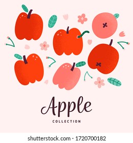 Red apples collection, doodle vector drawing, isolated vector illustration, fresh sweet summer fruit with blooming flowers and leaves, apple with worm, hand drawn flat style illustration