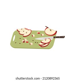 Red apples cut into slices and pieces with seeds with knife on board. Food for healthy diet. Sweet snack. Vector flat illustration