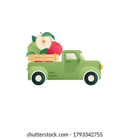 Red Apples emblem concept. Apples in a truck vector Icon. Element for logo, packaging, print with farm apple. Vegetable delivery illustration. 