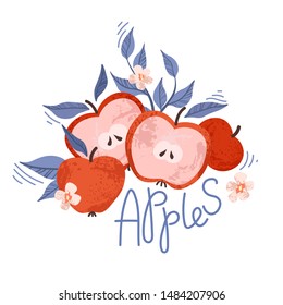 Red apples and flowers on a white background. Print, sticker with text.