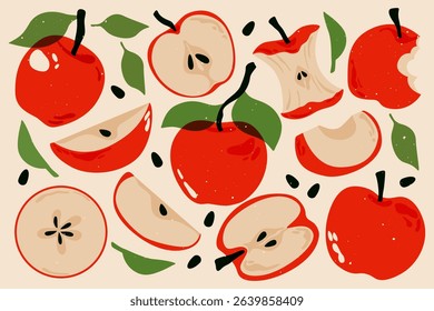 Red apples. Fresh apple fruits with leaves, ripe apples whole and cut pieces, abstract tropical fruit with leaf, peel, natural organic sweet sour ingredients. Vector risograph set.