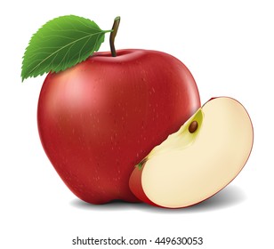 Red Apples with Green Leaves and Apple Slice - Vector Illustration. Realistic vector