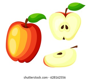 Red Apples with Green Leaves and Apple Slice Vector Illustration. Flat vector