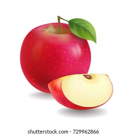 Red apples with green leaves and apple slice vector Illustration