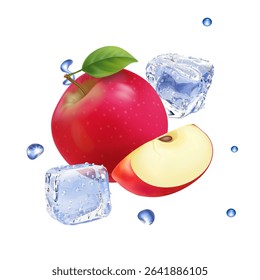 Red Apples with Green Leaves and realistic transparent ice cubes. Apple frozen cold juice 3d vector isolated illustration icon
