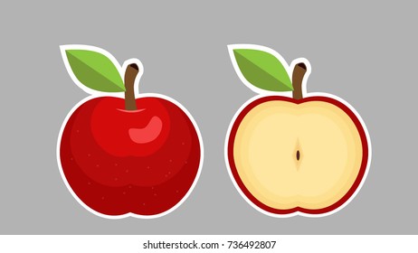 Red  apples and half of fruit with leaf. Vector illustration. isolated