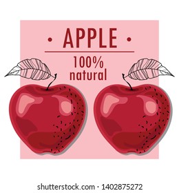 Red apples with leaves on a light background. Juicy apple. Card, poster, banner, sticker, print. Vector illustration. The concept of promotional material.