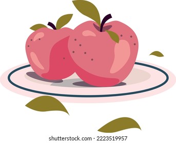 Red apples with leaves on a plate flat silhouette. Vector illustration