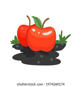 Red apples on the ground. Red apple with green leaf. Harvest fruits. Vector flat kids cartoon illustration