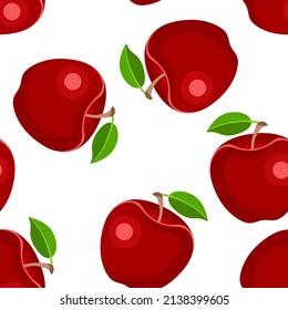 Red apples on white background. Seamless pattern with ripe fresh fruits. Vector simple flat illustration.