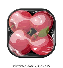 Red apples in plastic tray vector illustration. Cartoon isolated supermarket package with summer fruit and snack for eating, ripe apples inside styrofoam square container with polyethylene cover