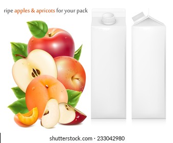 Red apples and ripe apricots with green leaves and water drops. Juice white carton package. Vector illustration