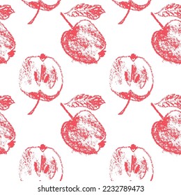 Red apples seamless pattern for fabric design. Pink apple textile ornament. Fruit background for Vegan banner, label juice. Apple drawings for hand cooking jam packaging. Textile illustrations.