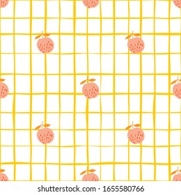 Red apples seamless pattern on stripe background. Botanical print. Design for fabric, textile print, wrapping paper, children textile. Vector illustration