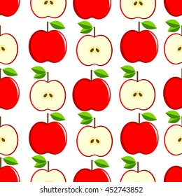 Red apples seamless pattern on the white background, the whole and half of fruit