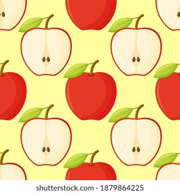 Red Apples Seamless Vector Pattern Tile. Repeating Print. Perfect for Back to School or Apple Picking or Food Packaging. Red Apples Randomly Arranged on White Background. Pattern Swatch is Included.