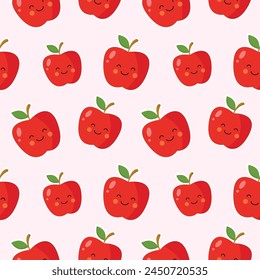 Red Apples Seamless Vector Pattern Tile. Repeating Print. Perfect for Back to School or Apple Picking or Food Packaging. Red Apples Randomly Arranged on White Background. Summer Fruit.
