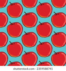 Red Apples. Set of patterns. Blue backgrounds. For paper, cover, fabric, gift wrap, wall art, interior decoration. Hand drawn colored Vector illustration