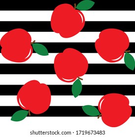 Red apples signs on a black and white striped background. Apples seamless pattern