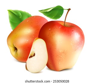 Red apples with slice and green leaf. Vector illustration