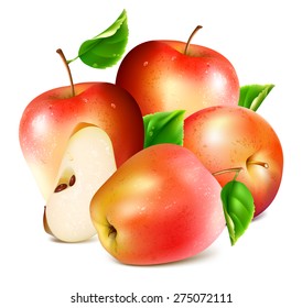 Red apples with slice and green leaves. Vector illustration