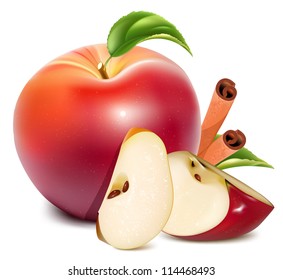 Red apples and apples slices with green leaves and cinnamon. vector illustration