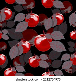 Red apples in the style of Andy Warhol. Bright Seamless apple pattern. Seamless pattern of apples. Red apples with leaves on turquoise background. Seamless fruit pattern. Fruit background.
