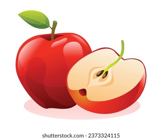 Manzanas rojas enteras y medio cortadas. Ilustración vectorial de frutas aislada en fondo blanco