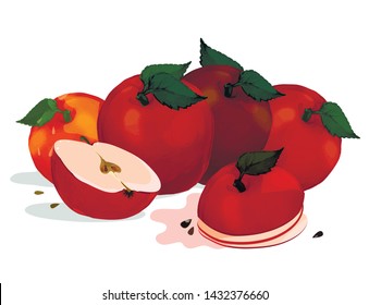 Red apples whole and sliced cartoon illustration