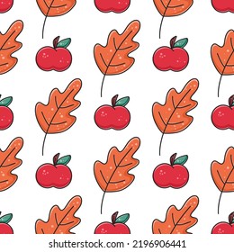 Red apples and yellowed oak leaves seamless autumn pattern. Cozy background with fruit foliage. Colorful seasonal print for thanksgiving day. Model for packaging, textile, design vector illustration